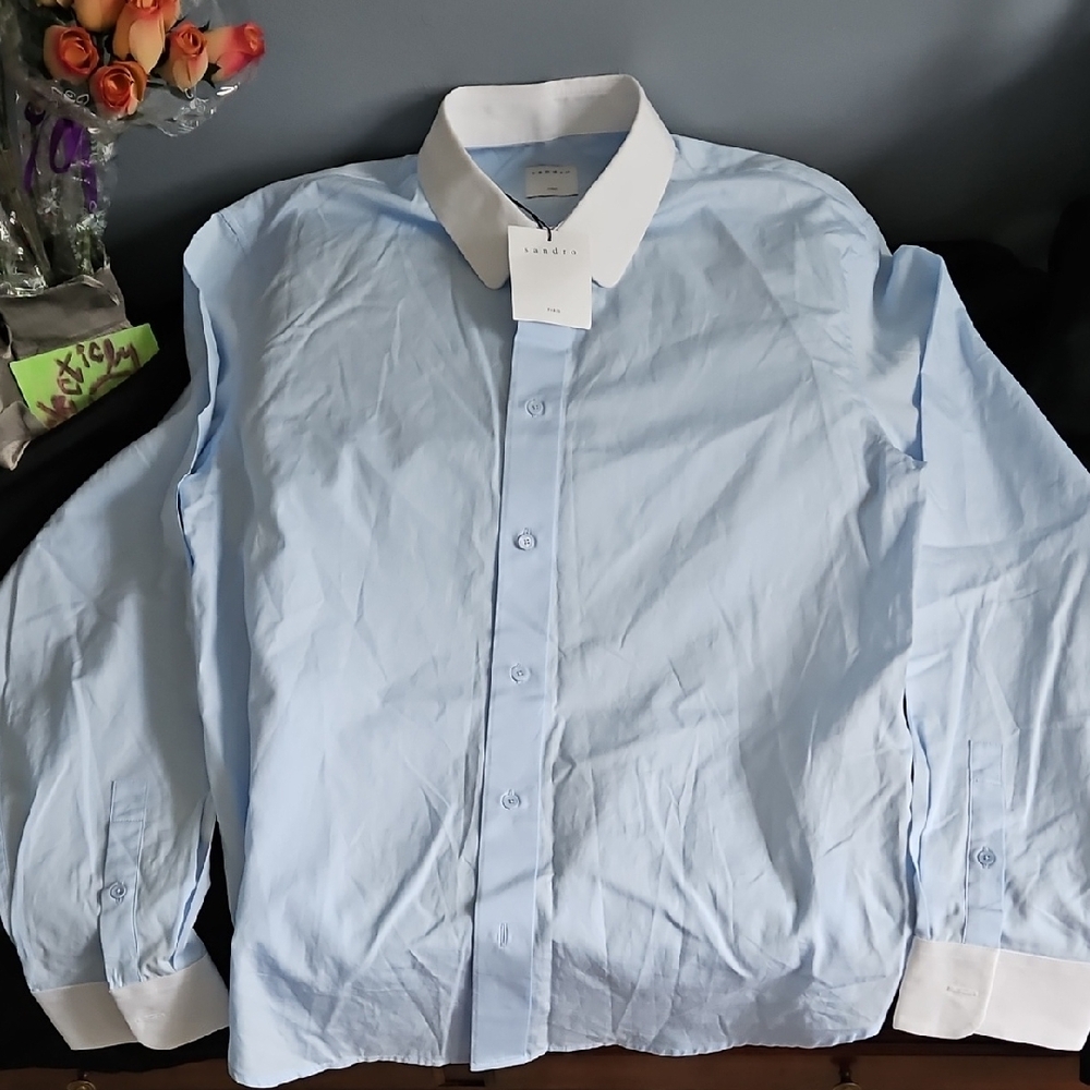 Sandro Light Blue Dress Shirt with White Collar - Picture 6 of 16